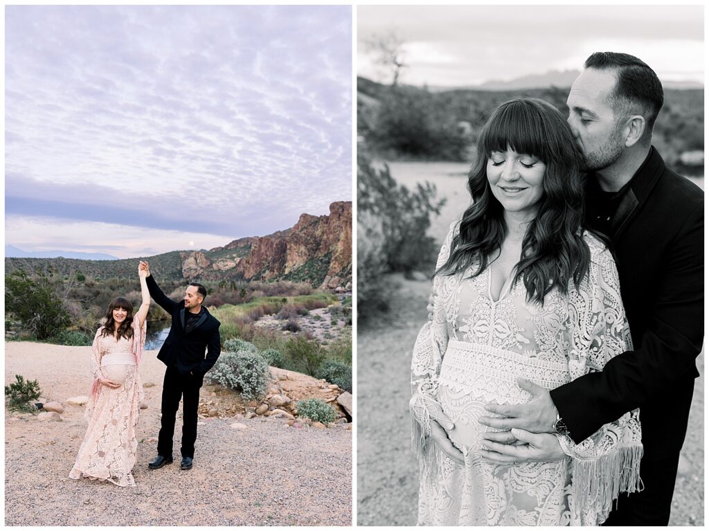 A River Maternity session with full moon and boho vibes in Arizona