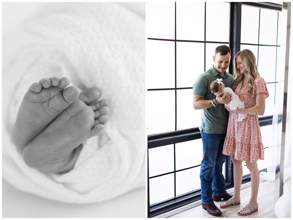 Newborn session, baby feet and mom and dad holding newborn baby