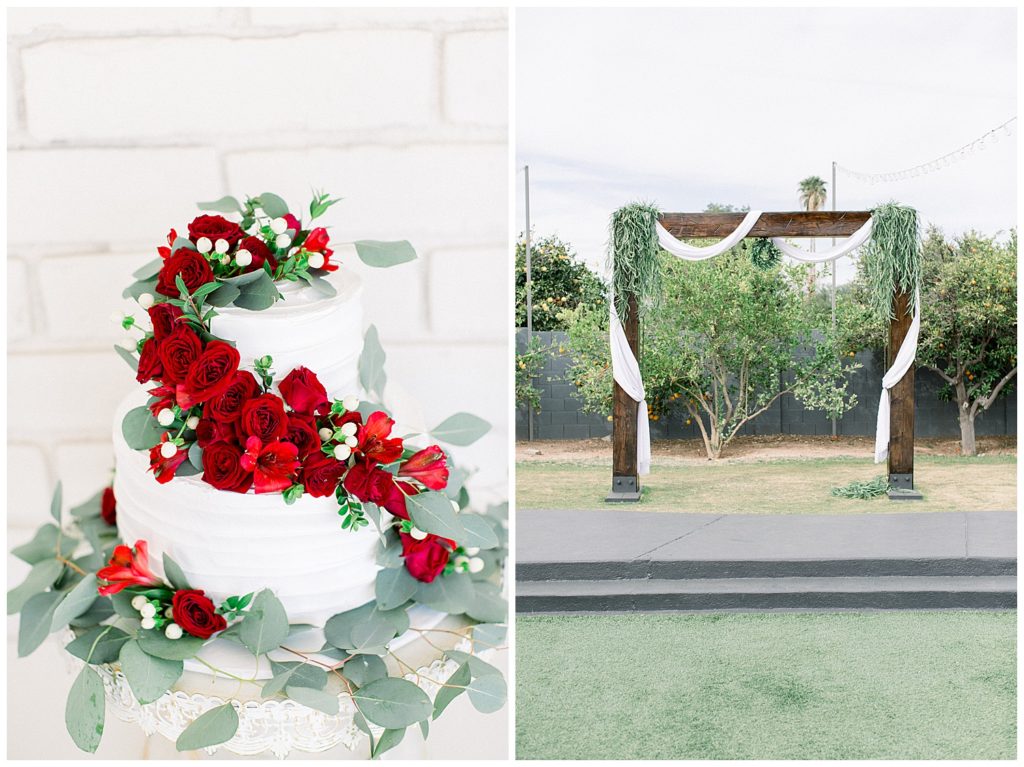 Wedding cake, floral arch, arizona wedding photographer at Gather Estate