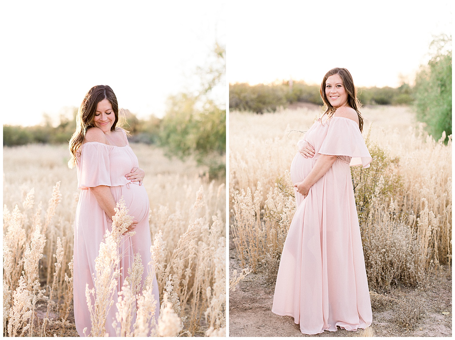 Sunset in Arizona, Maternity session, blush pink dress, desert maternity session