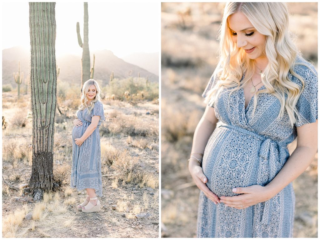 maternity session with hints of blue in the desert