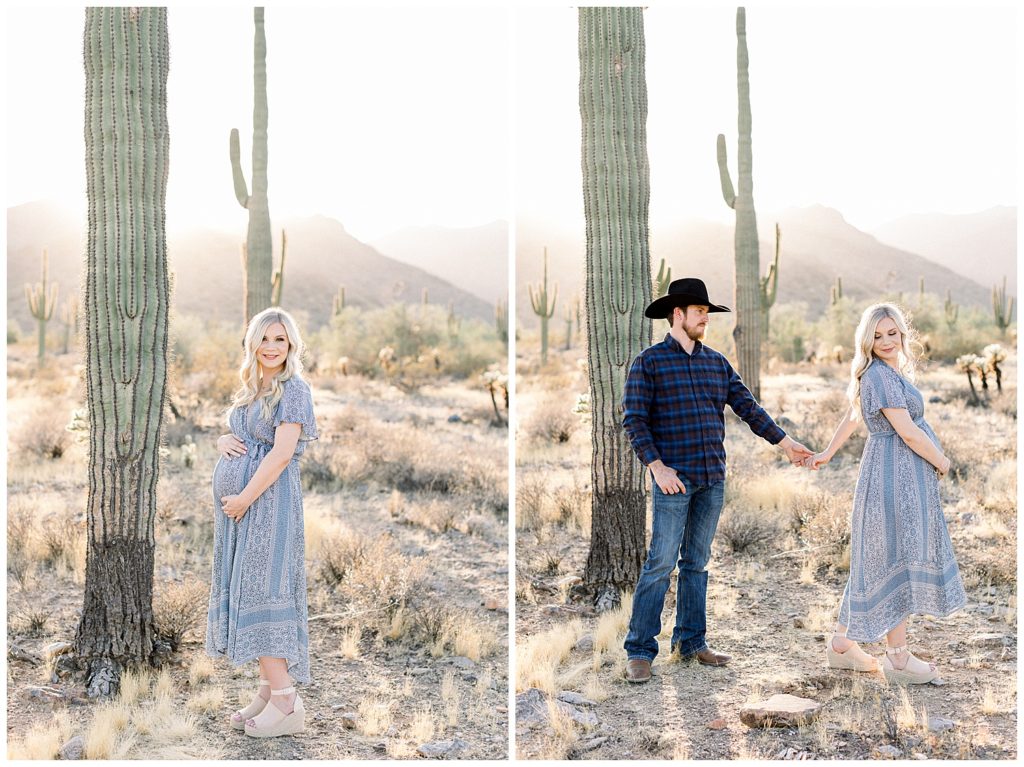 glowing desert maternity session with neutral tones and blue hues
