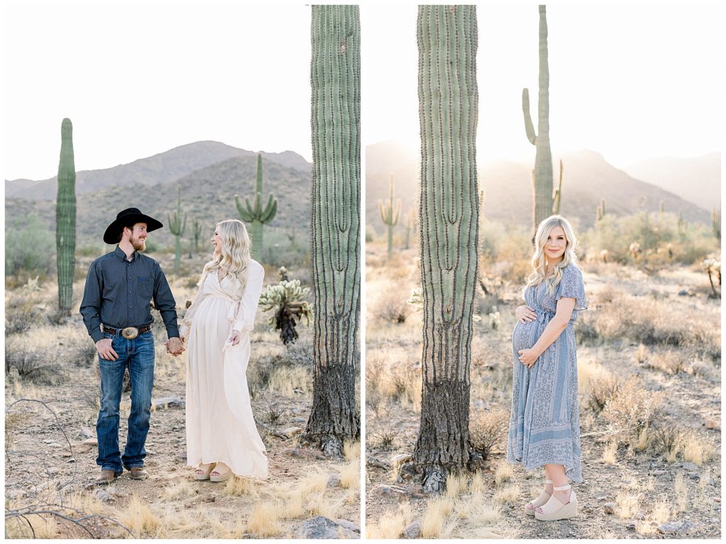 Soft and sweet desert maternity session with neutral tones and hints of blue