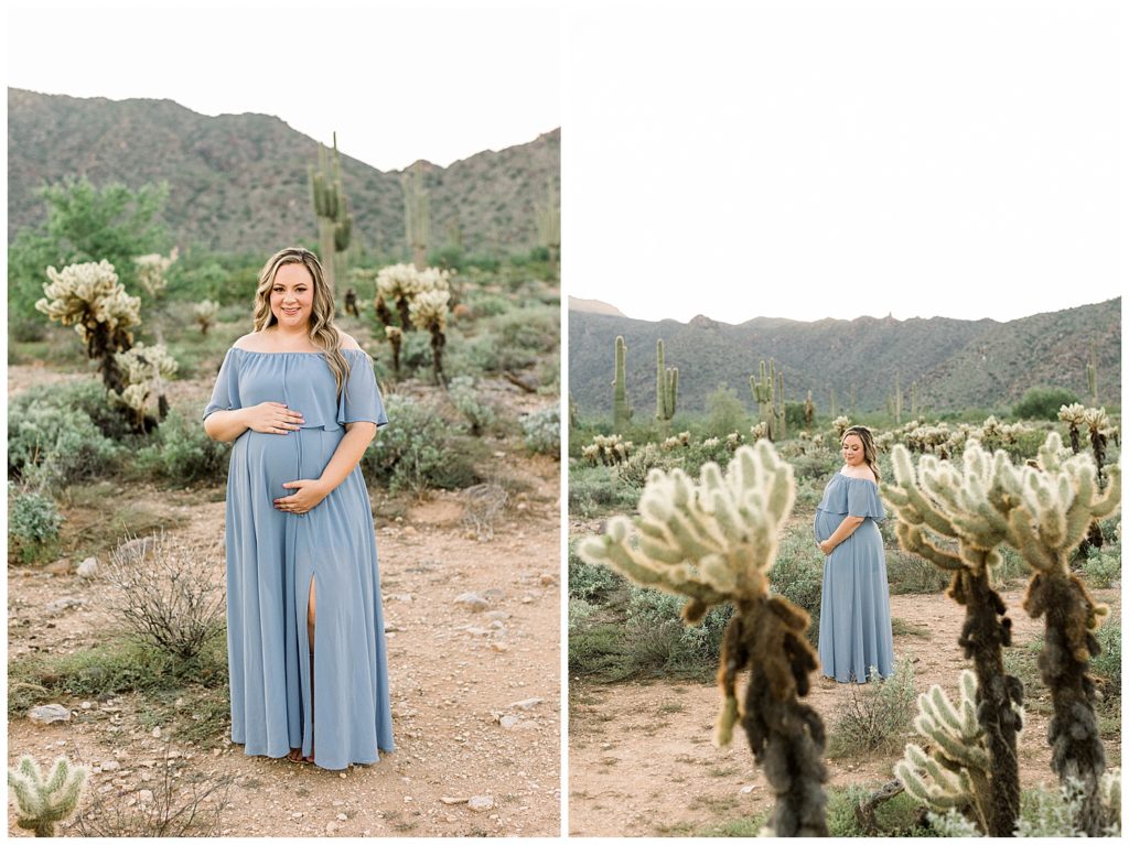 Desert Maternity session, lush desert greenery, blue dress for maternity session