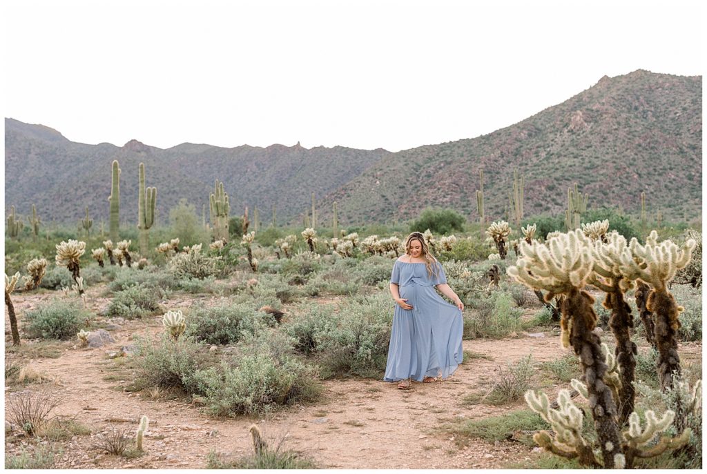 Lush greenery in the Arizona Desert, blue dress for desert maternity session