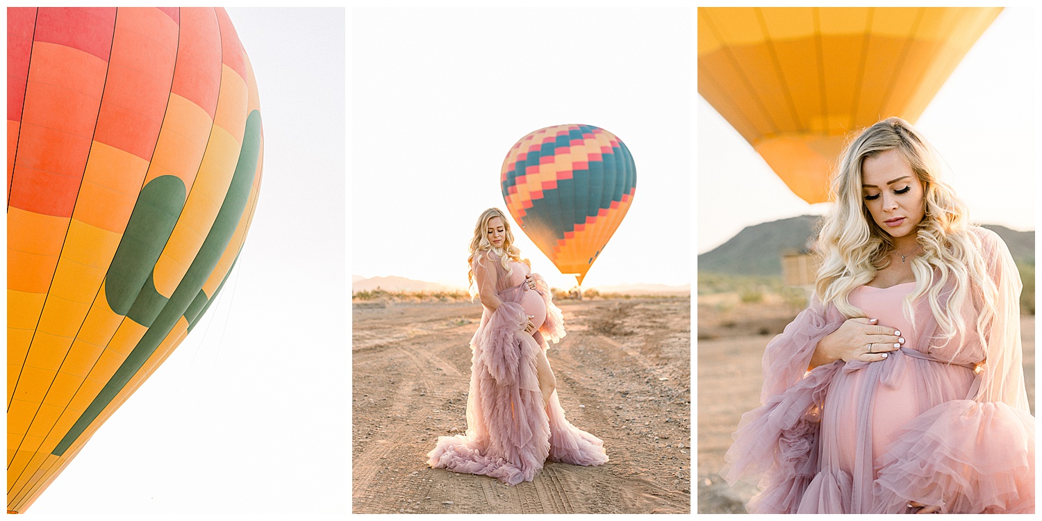 Hot Air Expeditions Balloons and Desert Gown Pink Maternity Session