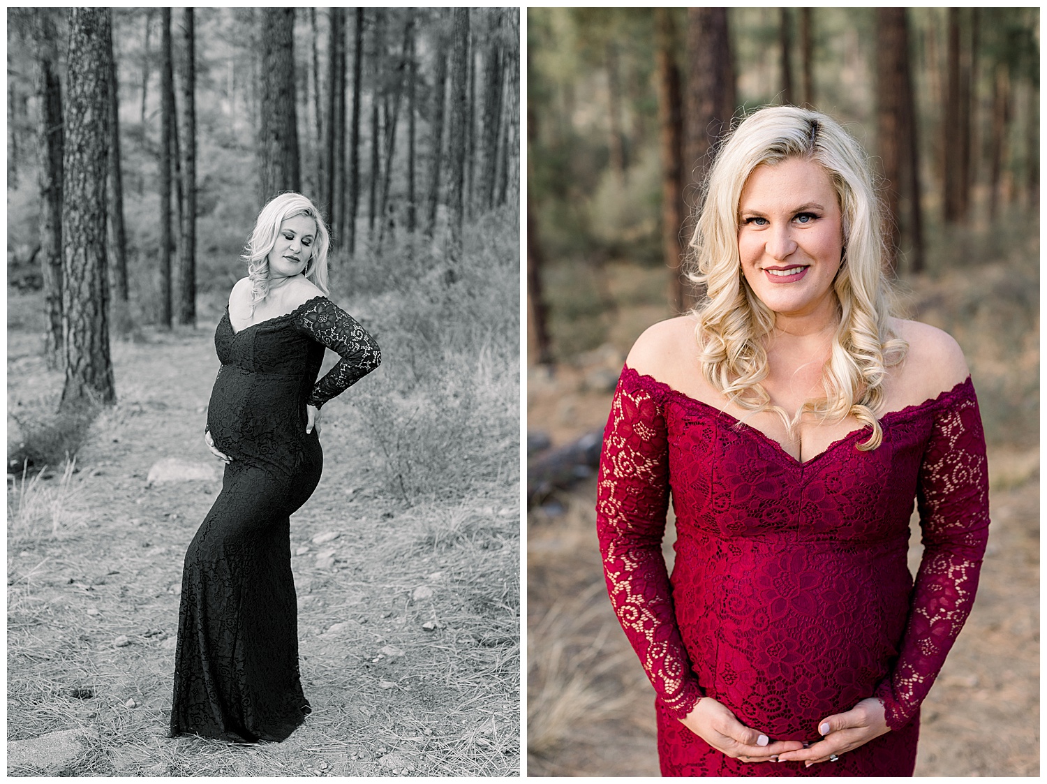 Red lace gown for Maternity photos in Prescott Forest