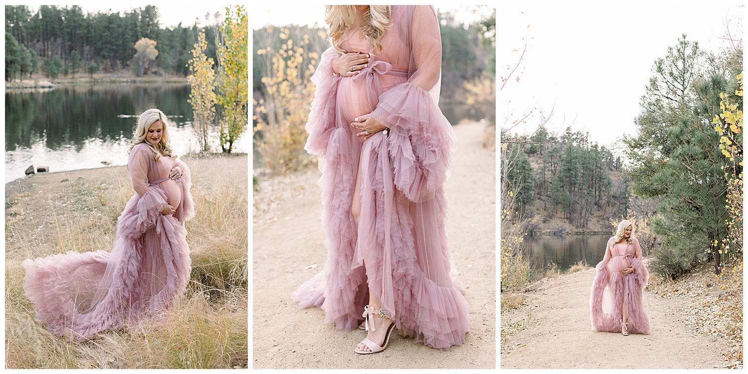 Blush Desert Gowns Rental for Prescott Maternity Session with Fall colors by the lake