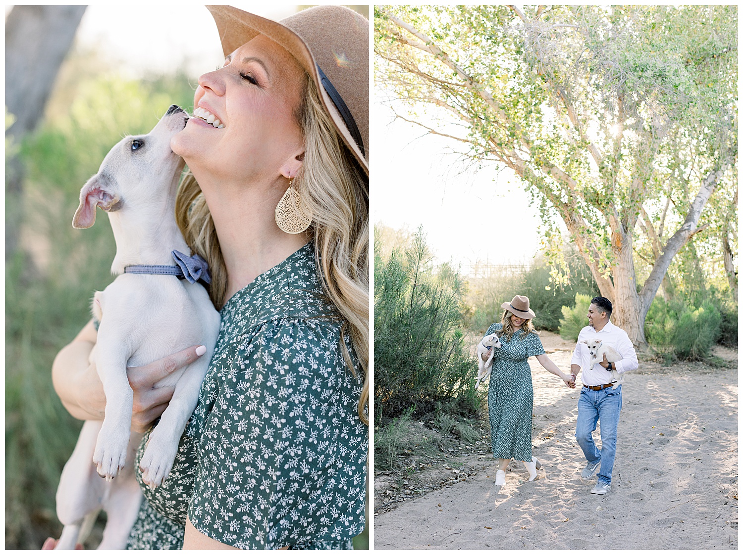 The joyful moments of loving puppies, a spring couples session in Arizona