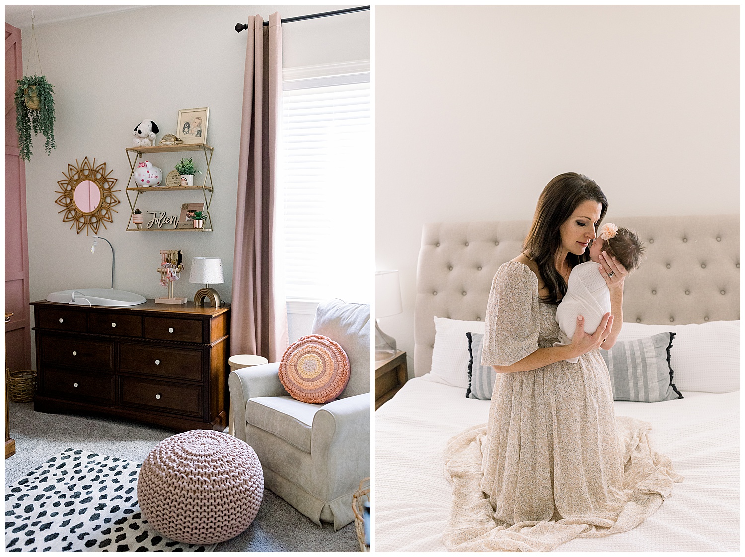 Nursery details of pink and neutral newborn lifestyle session, mom and baby details
