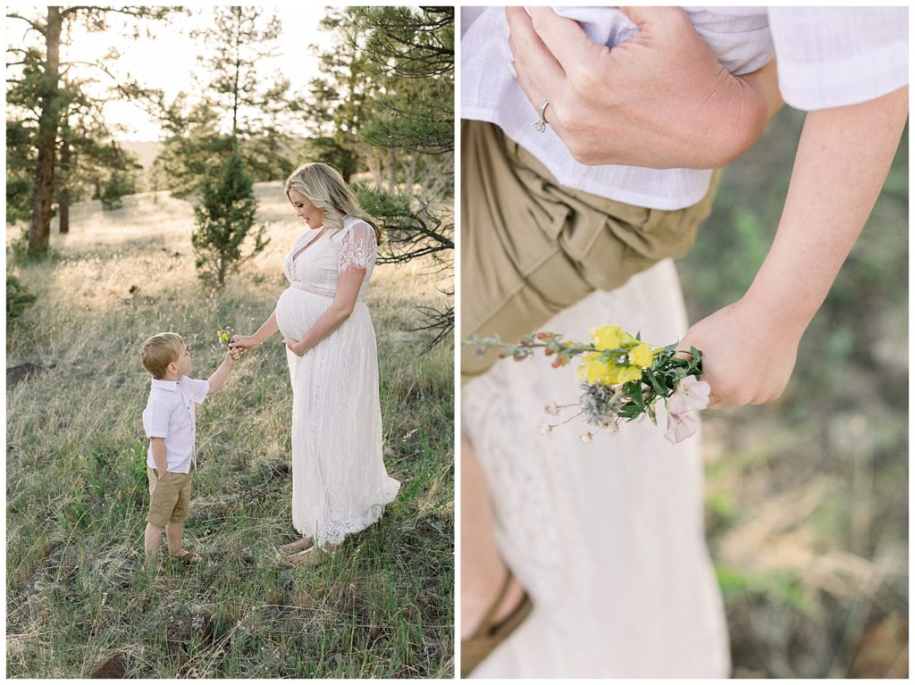 Flagstaff Arizona Maternity Session, son picking mama flowers in the forest
