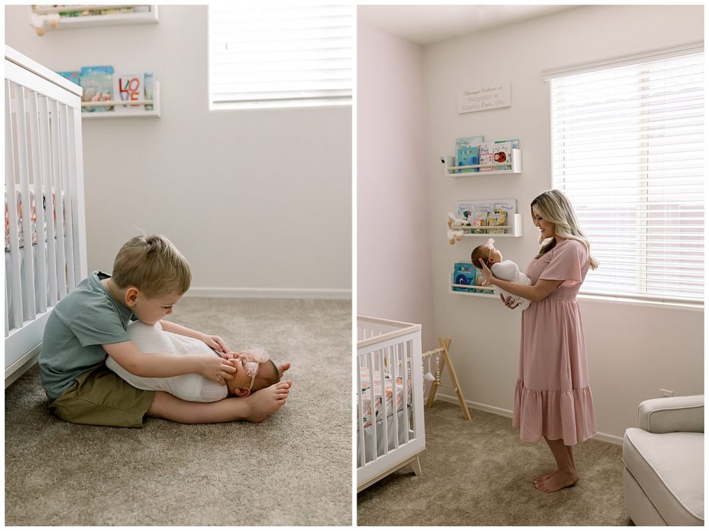 Newborn Photographer in Arizona, Motherhood Photographer, Lifestyle newborn session in Home, pink and neutral nursery