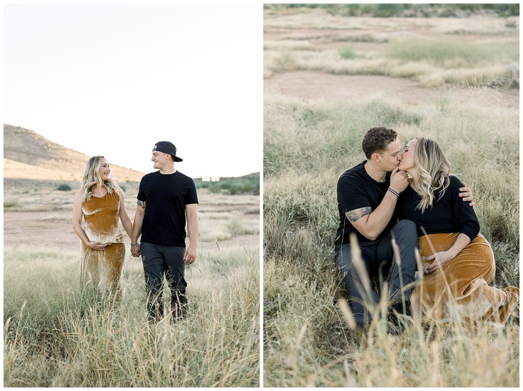 Fall Maternity Session in grasslands of Arizona, Gold and Black palette