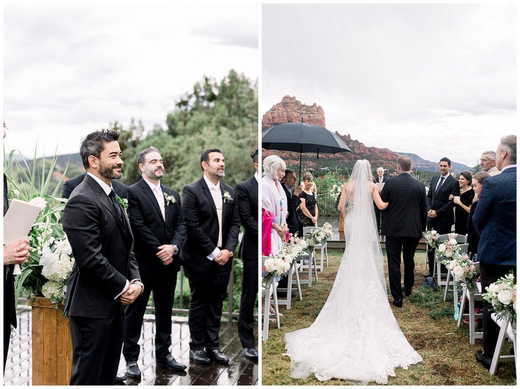 Bride down the aisle with Dad and groom reaction at L'Auberge de Sedona