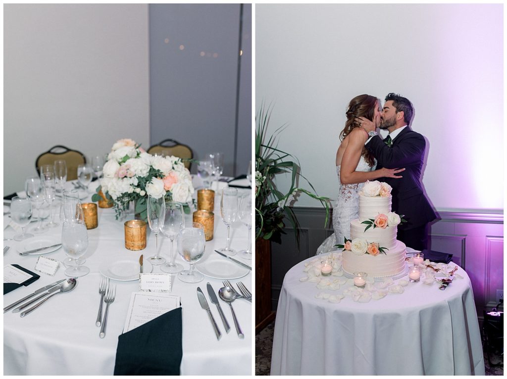 Reception decor and cutting the cake kiss at L'Auberge de Sedona Wedding
