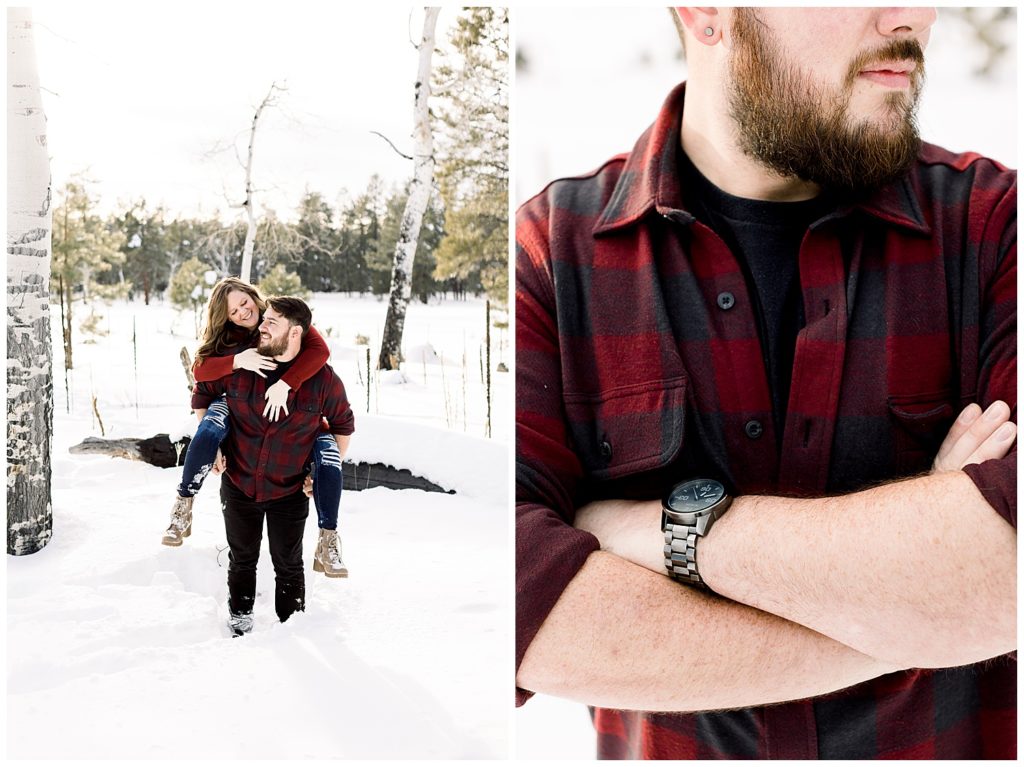 Flagstaff Arizona Engagement Session in the Snow with pops of red and grey outfits