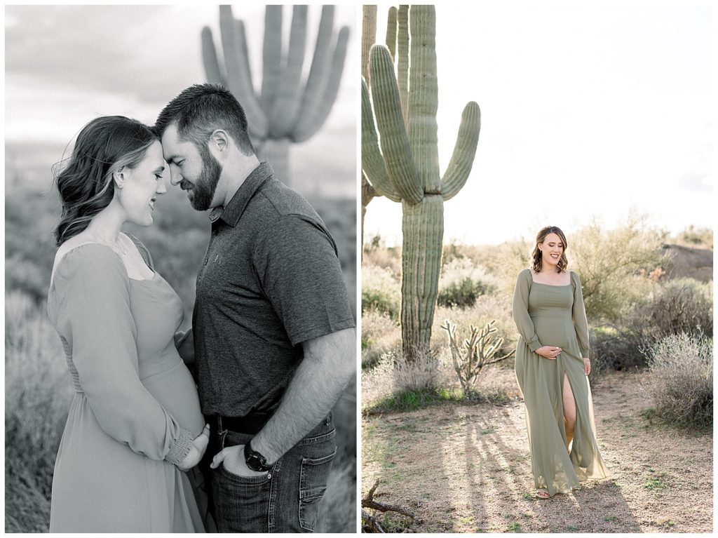 Desert Maternity Photos in Scottsdale Arizona, sage green dress and large saguaros