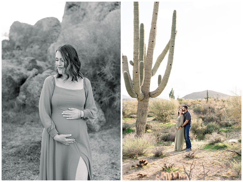 Large saguaros and boulders in Scottsdale Arizona for Desert Maternity Session