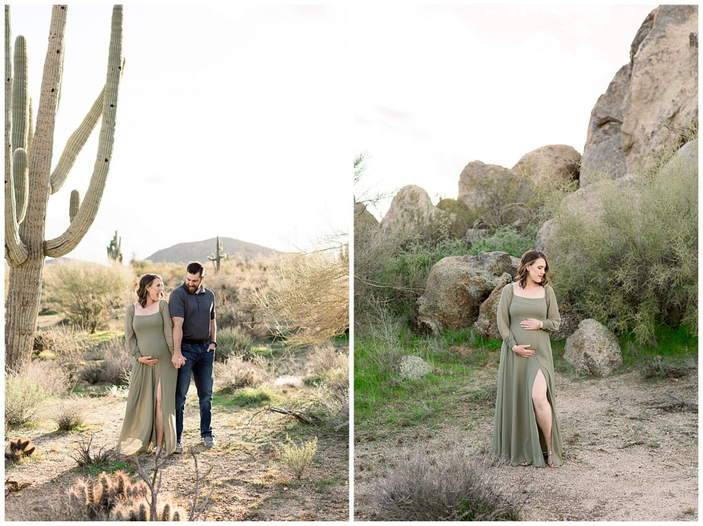 Scottsdale Arizona Desert Maternity Session with large saguaros and boulders