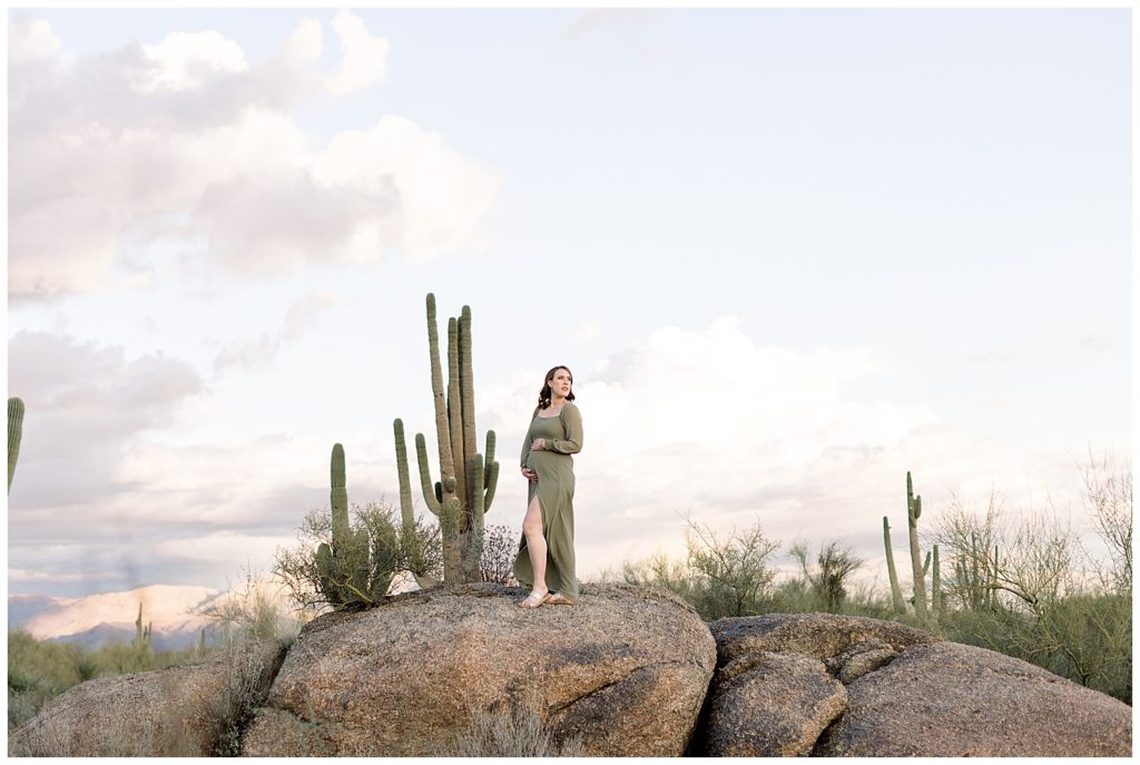 Sage green dress and desert Maternity Session in Scottsdale Arizona