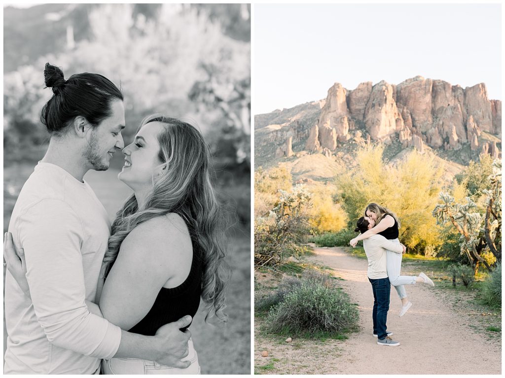 Engagement session with Superstition Mountains as backdrop