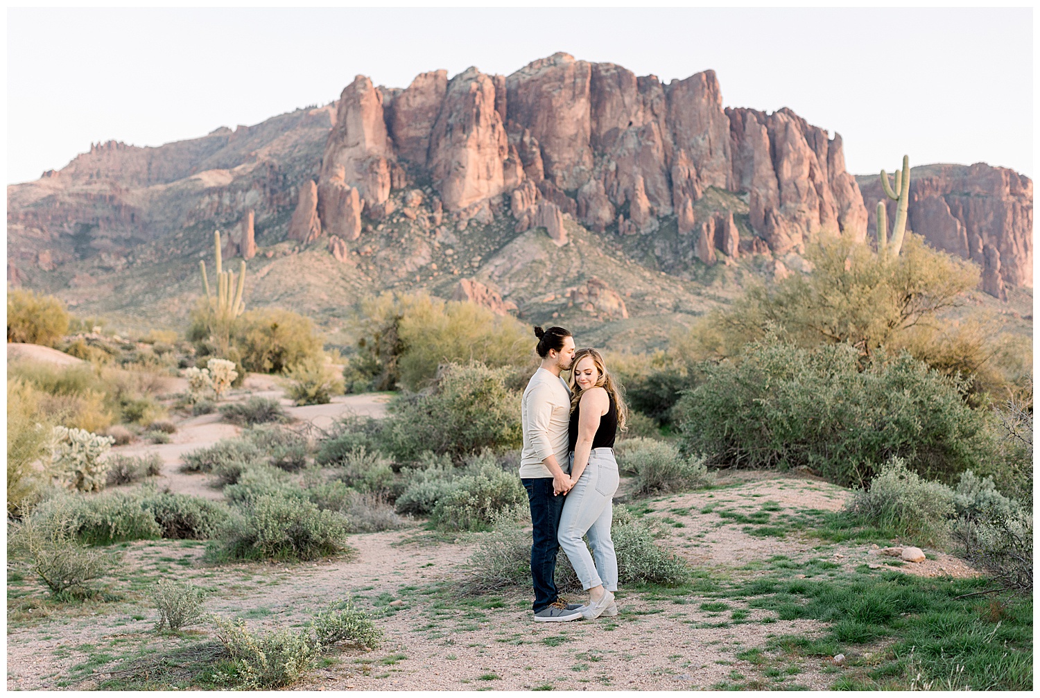 Superstition mountains in the background of an Engagement Session Photoshoot