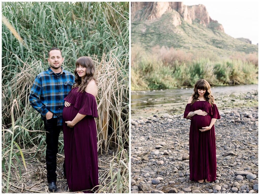 Maternity session with jewel toned maroon dress at the River in Arizona