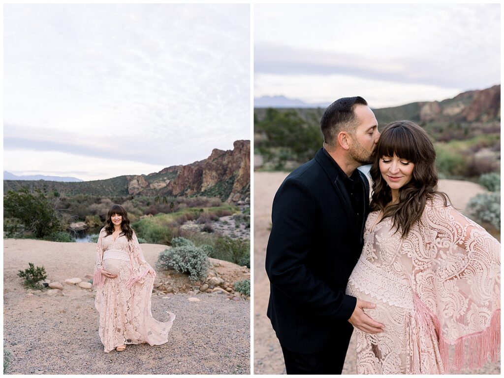 Boho Maternity Session on the River in Mesa Arizona with flutter dress