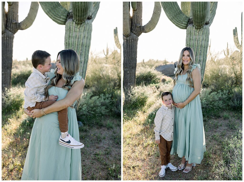Maternity Session in the Desert with sage green dress, mommy and me
