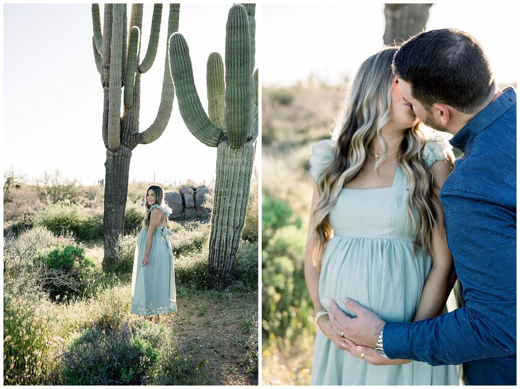 Sage green spring dress in desert for maternity photos