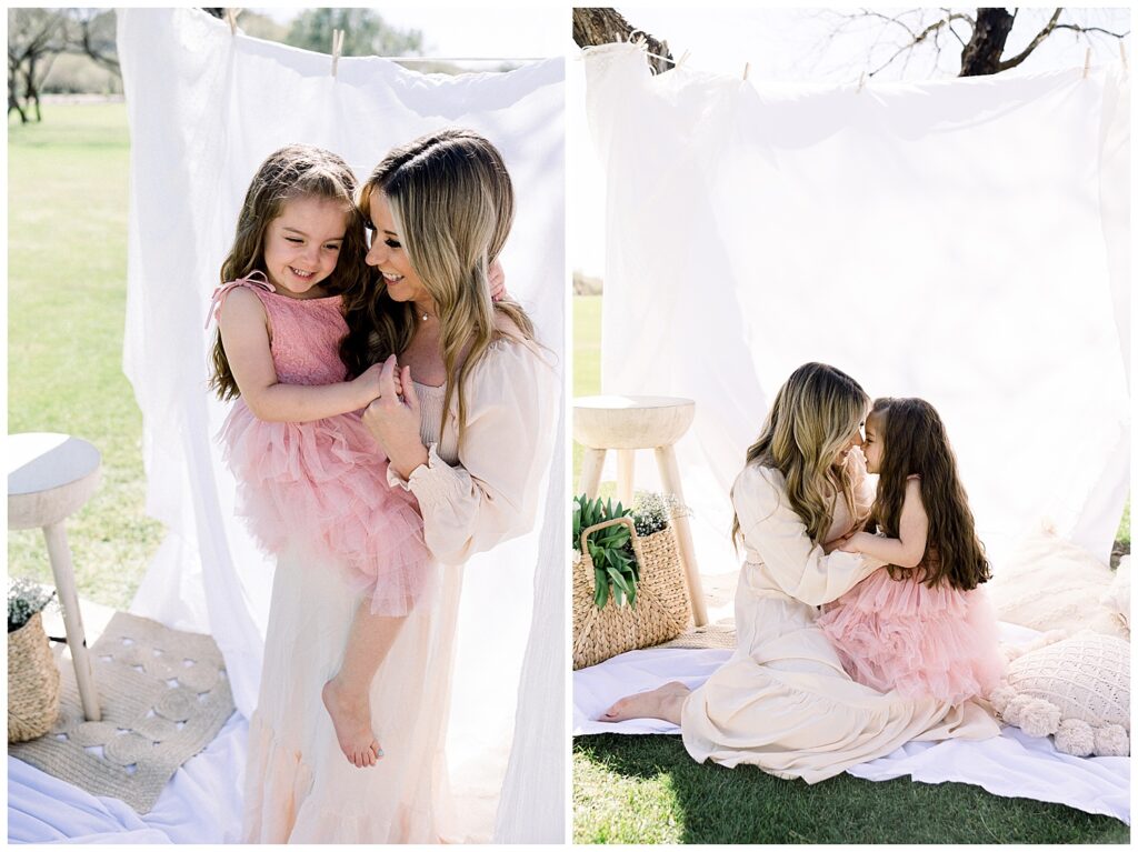 Mommy and Me session with a boho sheet vibe, neutral color palette